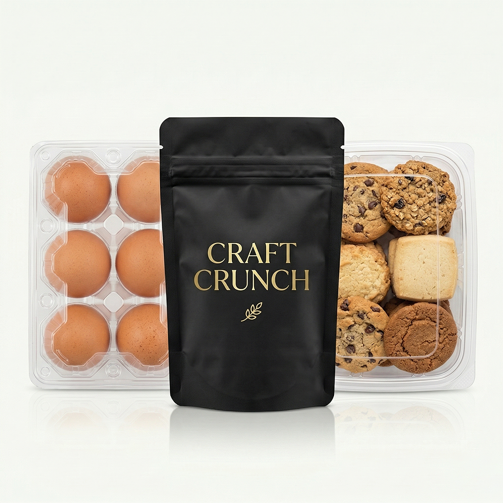 Food packaging lineup — egg cartons, pouches, and trays by Tychon Packaging