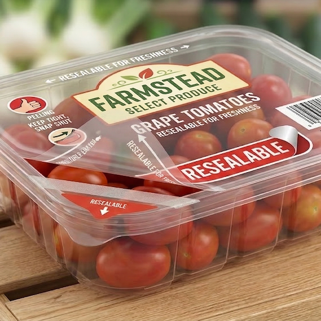 Top-seal punnet with lidding film on tomatoes by Tychon Packaging